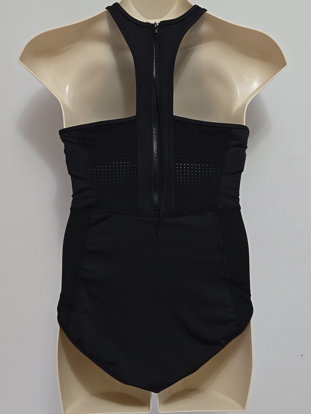 Athleta Cross Train Black One Piece Swimsuit Racerback Zipper Leash Pull Cord L - Picture 8 of 16